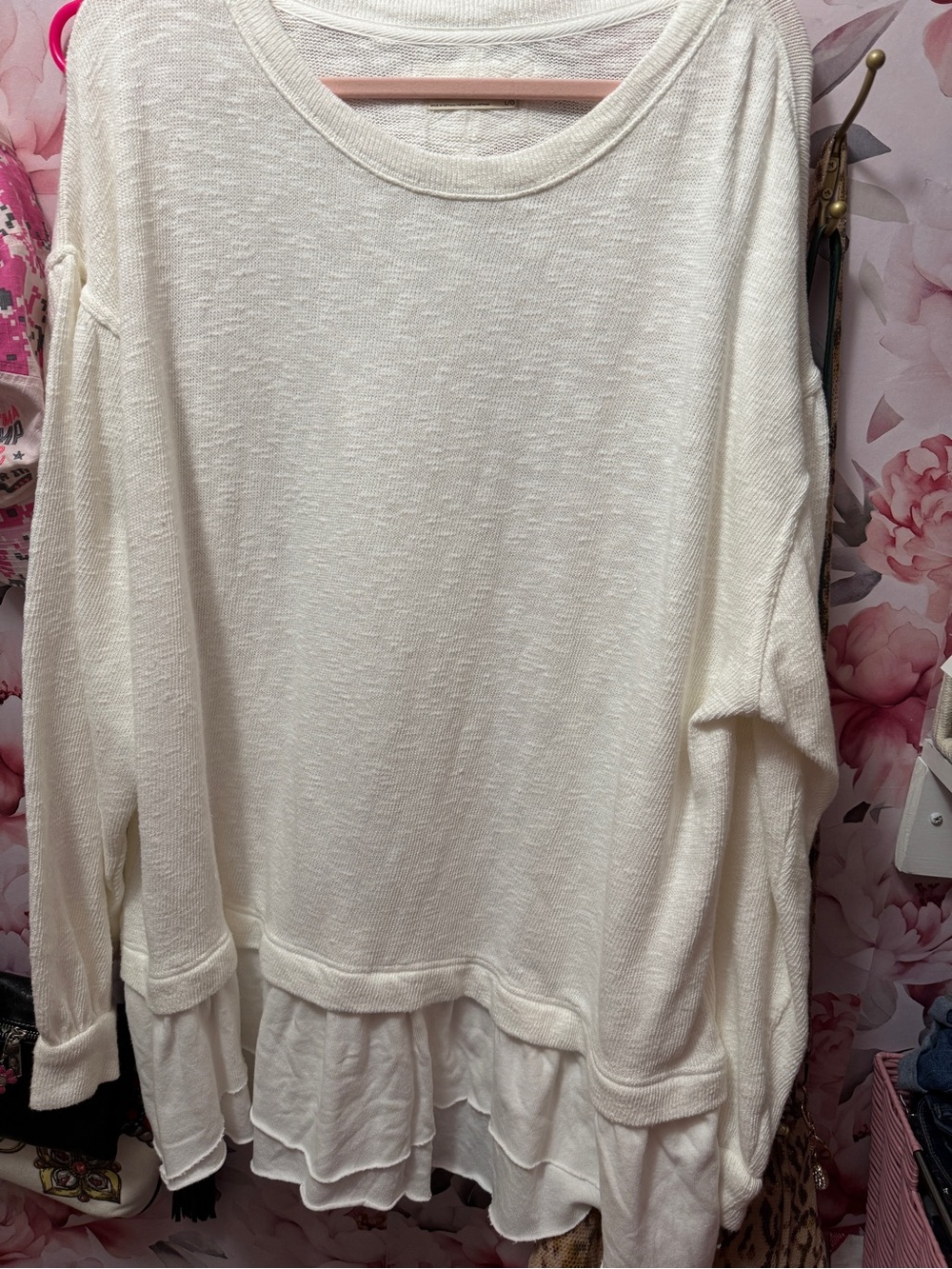 We the free Women's Cream Ruffle-Hem Long Sleeve Top